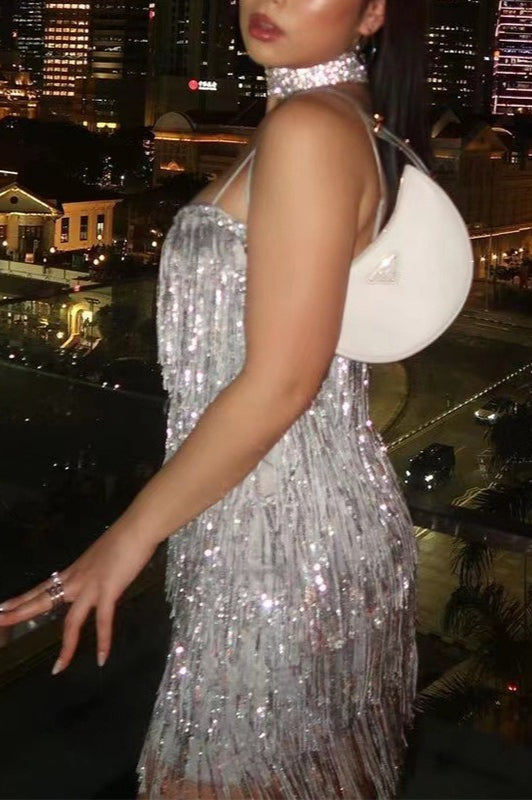 Sleeveless Bodycon Cami Sequin Glitter Fringe Sequin Dress