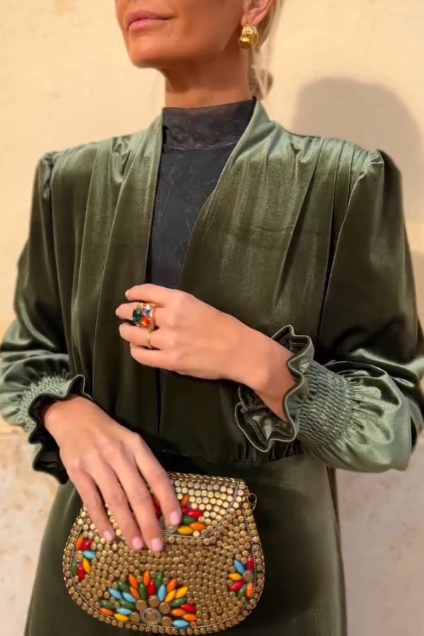 Velvet Puff-Sleeve Stand-Collar Long Coat