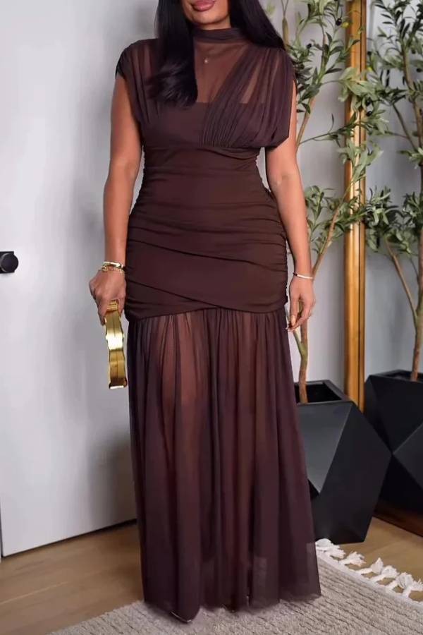 Brown Pleated Mesh Bodycon Dress