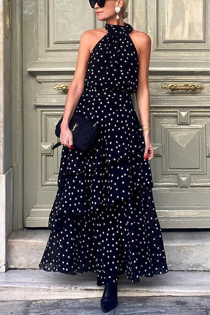 Cabana Date Polka Dot Print Halter Bow Neck Tiered Maxi Dress