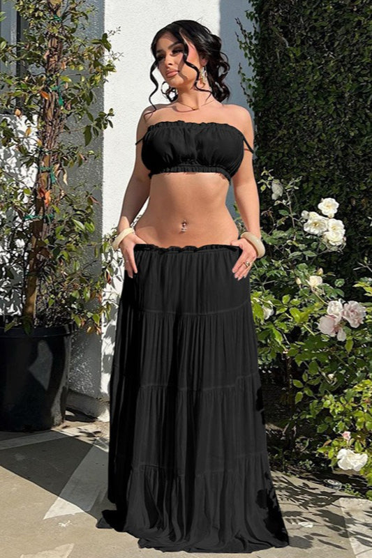 Vacation Style Solid Color Wrap Bodice Halter Skirt Set