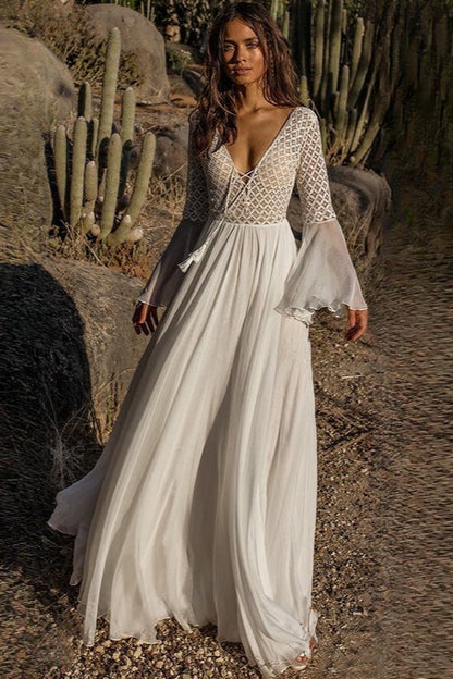 Lace Cutout Bell Sleeve Boho Dress