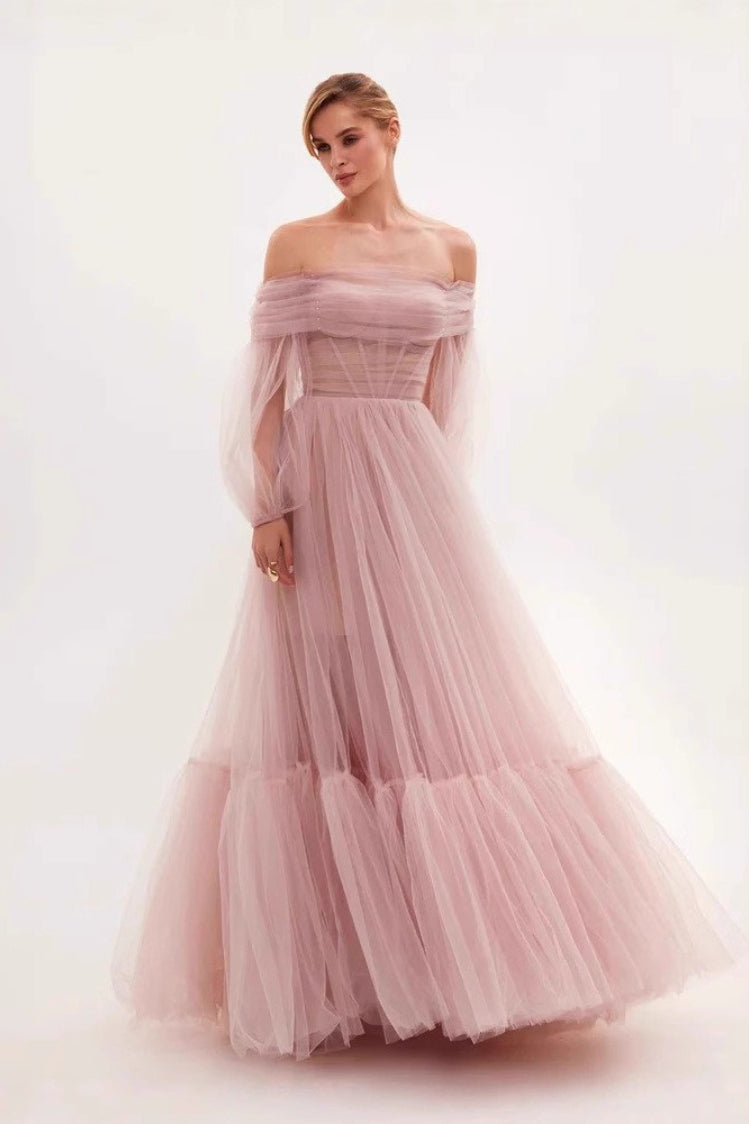 Off Shoulder Mesh Long Sleeve Prom Dress