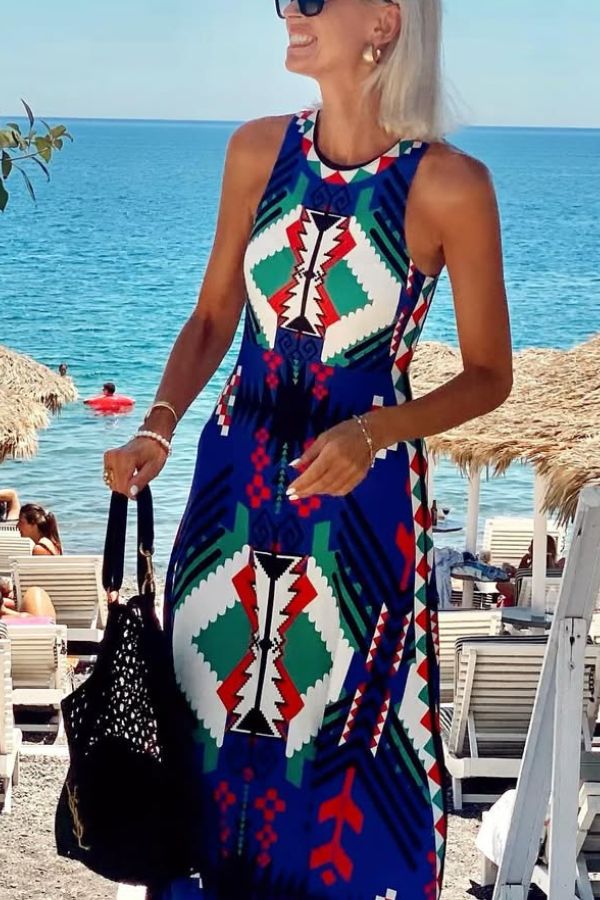 Unique Printed Round Neck Sleeveless Holiday Maxi Dress