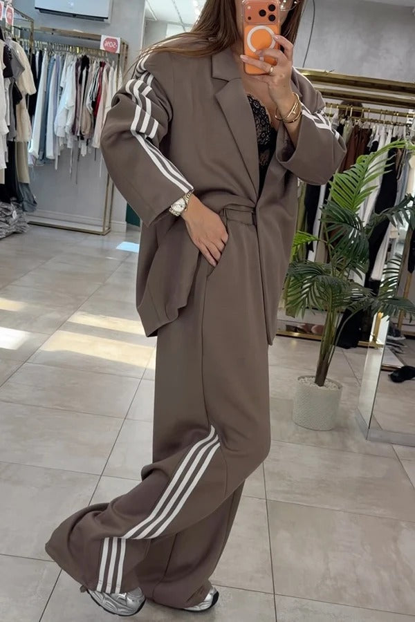 Fashionable Sporty Stripes Long Sleeve Oversized Blazer and Elastic Waist Pocket Jogger Set