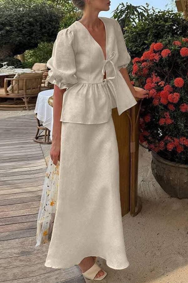 Linen Two-Piece Set with Tie-Front V-Neck Puff Sleeve Peplum Top & High-Waist Midi Skirt
