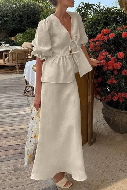 Linen Two-Piece Set with Tie-Front V-Neck Puff Sleeve Peplum Top & High-Waist Midi Skirt
