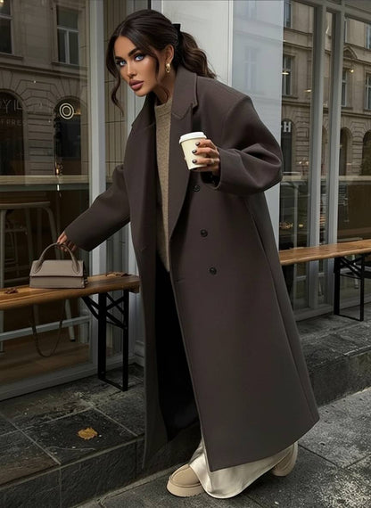 Solid Double-Breasted Turn-Down Overcoat