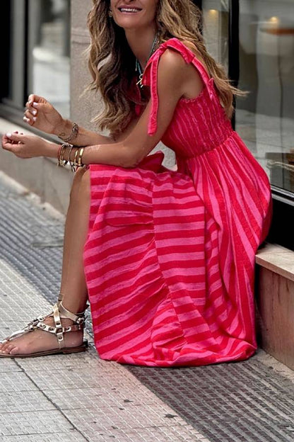 Tie Strap Smocked Waist Color Block Vertical Stripe Ruffle Maxi Vacation Dress