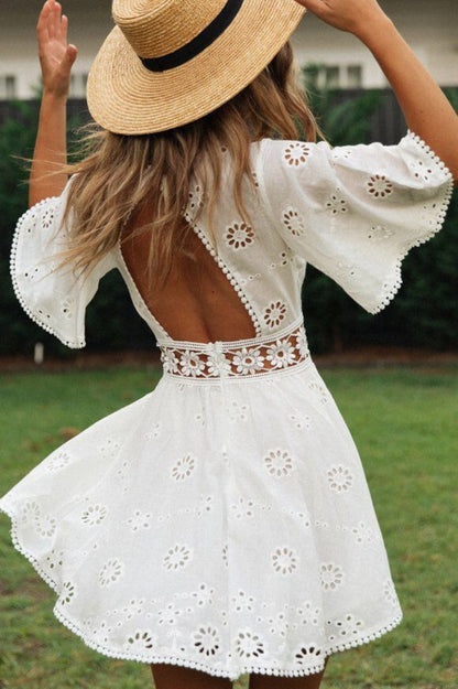 Cutout Round Neck Short Sleeve Boho Dress