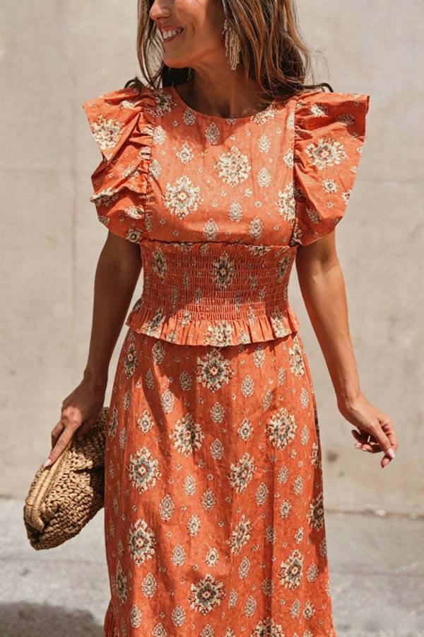 Emilia Unique Print Flutter Sleeve Smocked Top and Elastic Waist Maxi Skirt Set