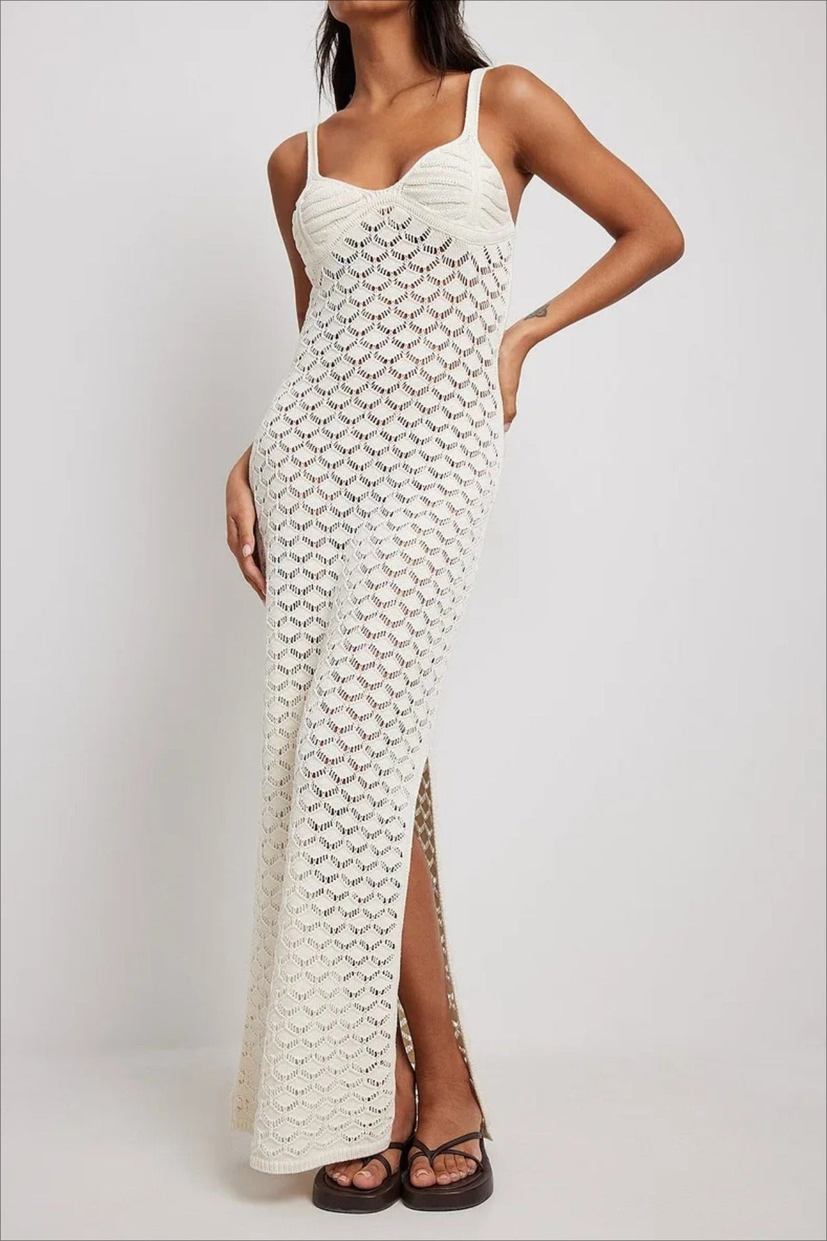 Crochet Knit Backless Slit Cami Maxi Boho Dress