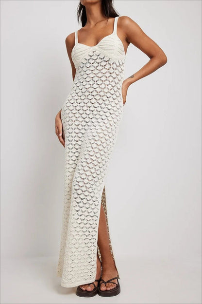 Crochet Knit Backless Slit Cami Maxi Boho Dress