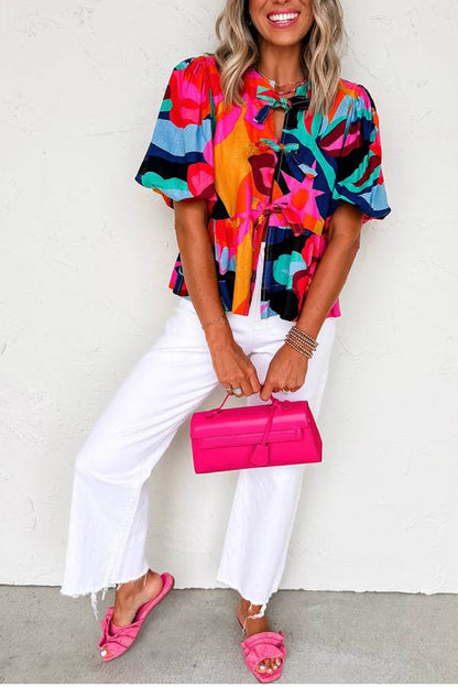 Abstract Floral Print Tie-Front Puff Sleeve Peplum Top