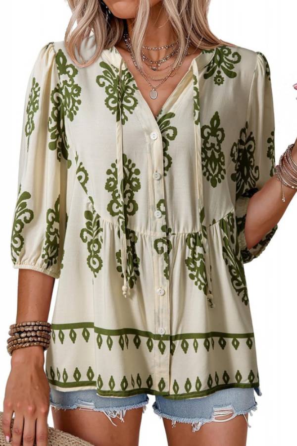 Boho Printed Tie V‑Neck Peplum Blouse