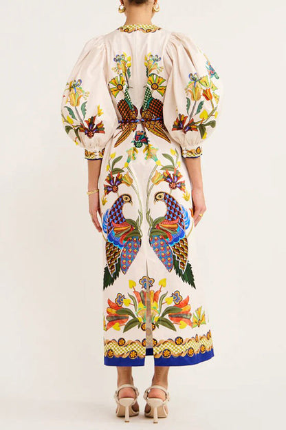 Bird Print Puff Sleeve Belted Border Hem Midi Dress