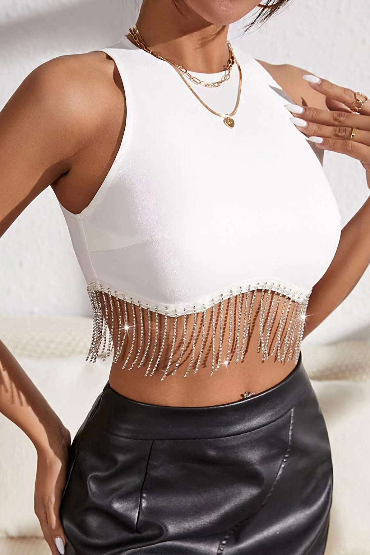 Rhinestone Fringe Trim Sleeveless Crop Top