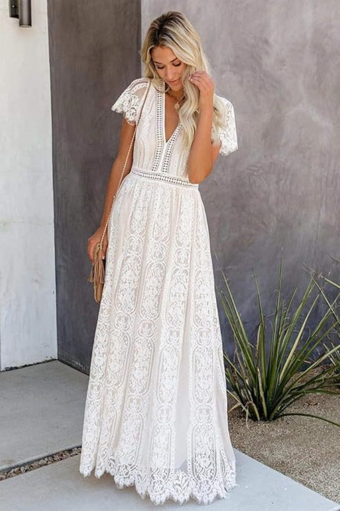 Lace V Neck Short Sleeve Hollow Out Boho Dress