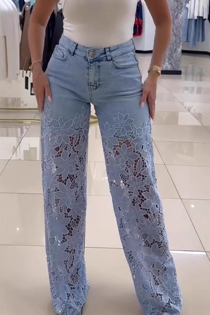 High Waist Lace Cutout Long Wide Leg Jeans