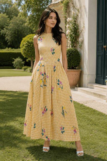 Vintage Heavy Floral Embroidery Tie Waist Sleeveless Long Floral Dress