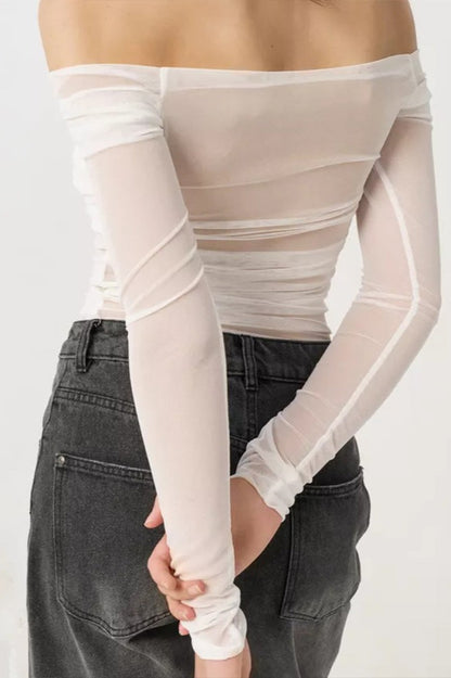 Off Shoulder Sheer Mesh Bodycon Long Sleeve Tee