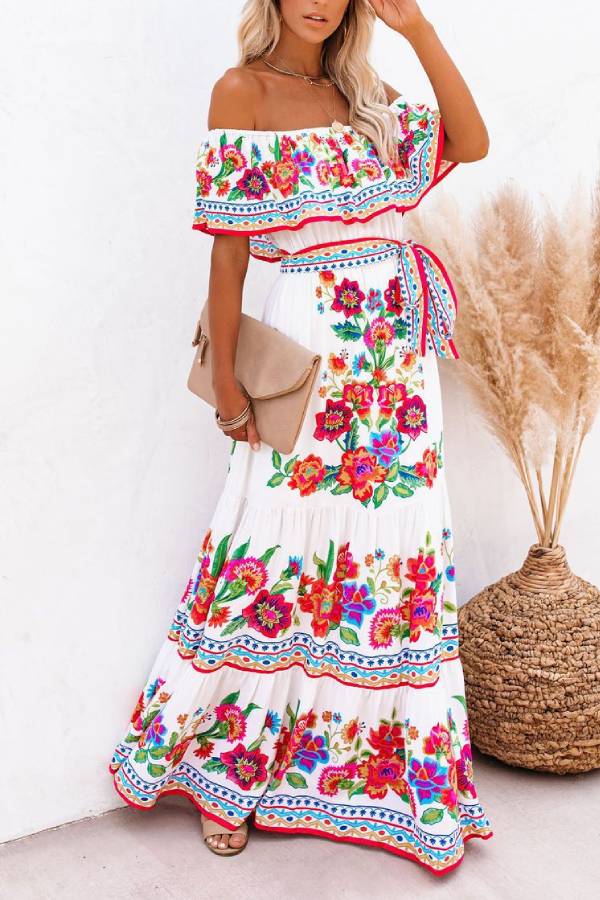 Bohemian Off-Shoulder Floral Print Maxi Dress