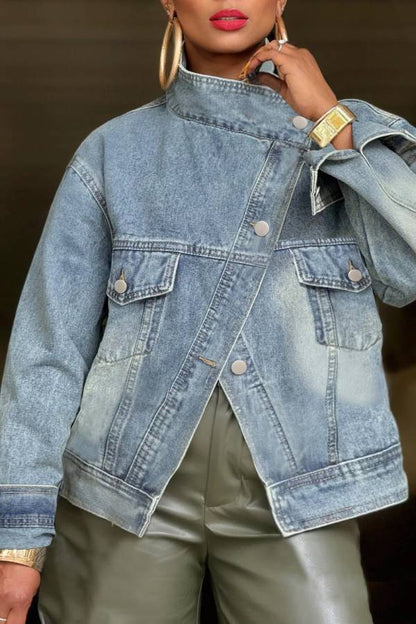 Asymmetric Button Stand Collar Loose Denim Jacket