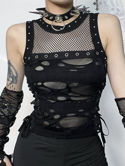 2024 Mall Gothic Hole See Through Lace-up Streetwear Cyber Punk Rave Fashion Crop Top