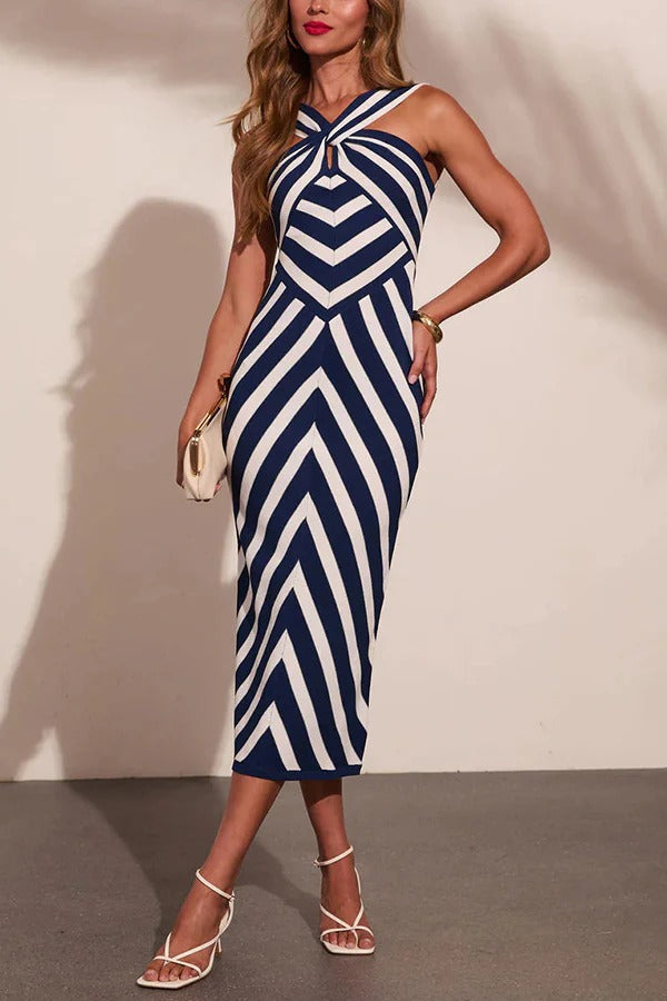 Coastal Americana Knit Striped Cross Halter Neck Stretch Midi Dress
