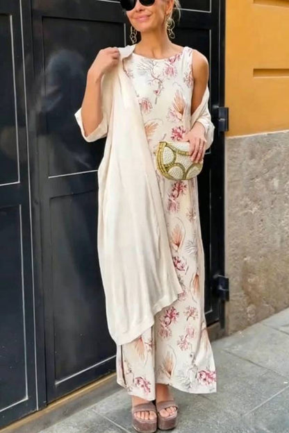 Riviera Unique Print Slit Tank Midi Dress and Satin Kimono Cover-up Two Pieces Set