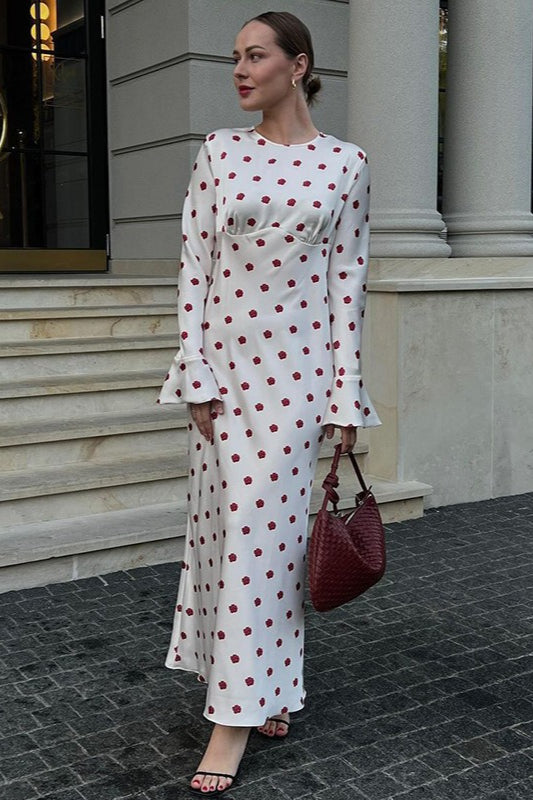 Floral Print Long Sleeve Flare Cuff Empire Waist Column Maxi Dress