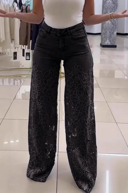 High Waist Lace Cutout Long Wide Leg Jeans
