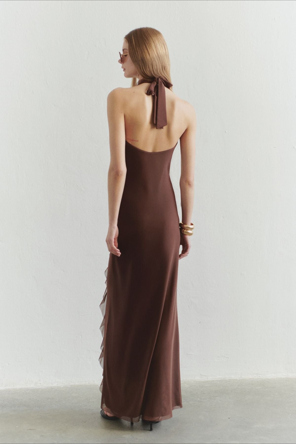 Solid Halter Deep V Back Lace Detail Long Prom Dress