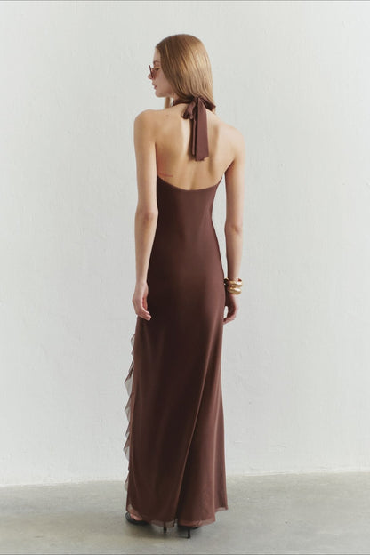 Solid Halter Deep V Back Lace Detail Long Prom Dress