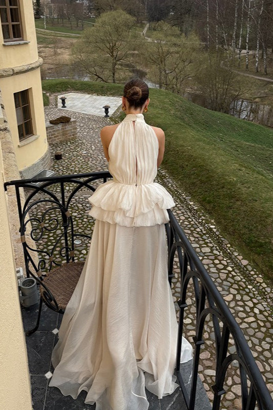 Mock Neck Sleeveless Peplum Reception Dress