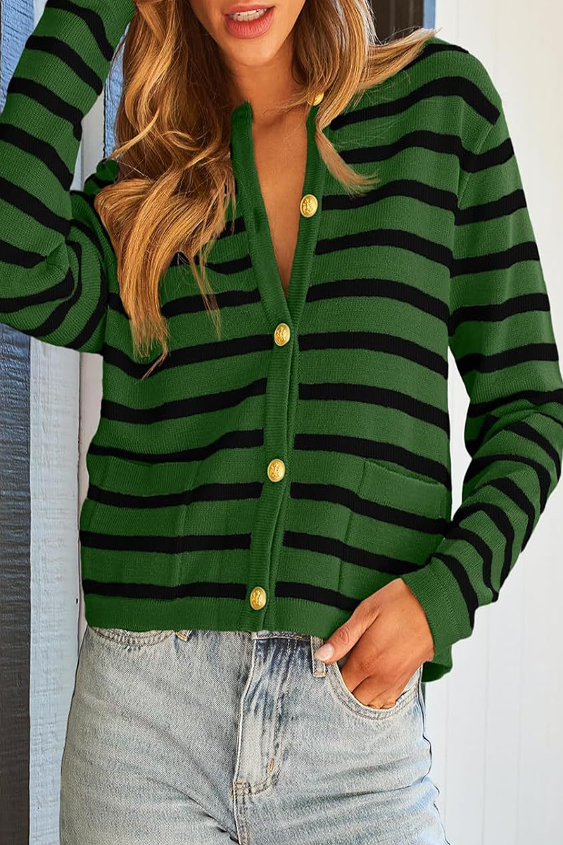 Casual Daily Stripe Buttons Weave O Neck Outerwear