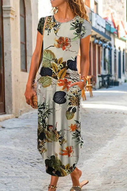 Ethnic Print Short Sleeve Pocket A-Line Maxi Dress