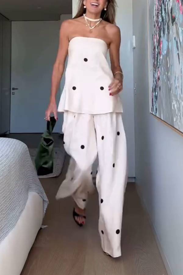 French Polka Dot Linen Tube Top & Wide-Leg Pants Set