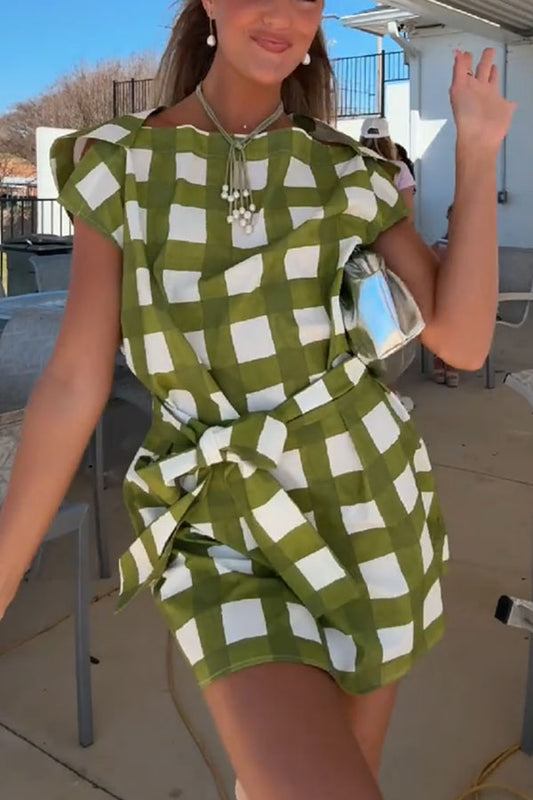 Elena Plaid Print Split Short Sleeve Tie-up Waist Loose Mini Dress