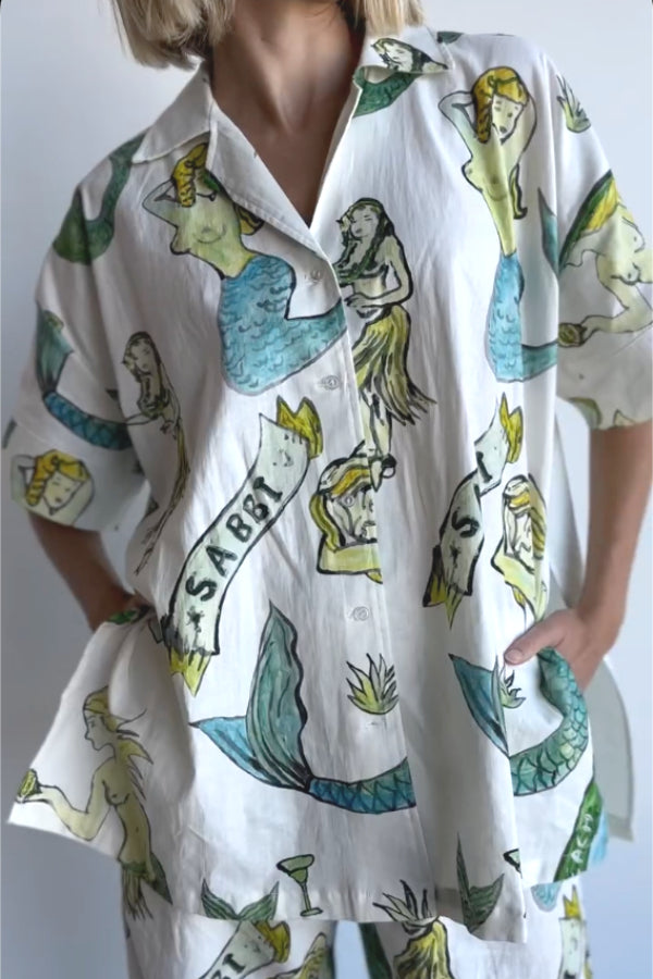 Linen-blend Mermaid-print Shirt Top and Elastic-waisted Loose Pants Set