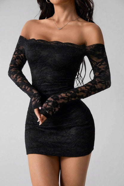 Lace Off Shoulder Long Sleeve Scalloped Trim Bodycon Mini Dress