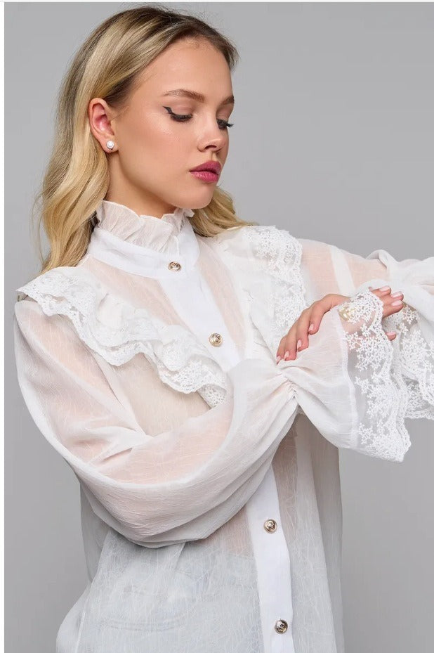 Lace Trim Stand Collar Chiffon Blouse