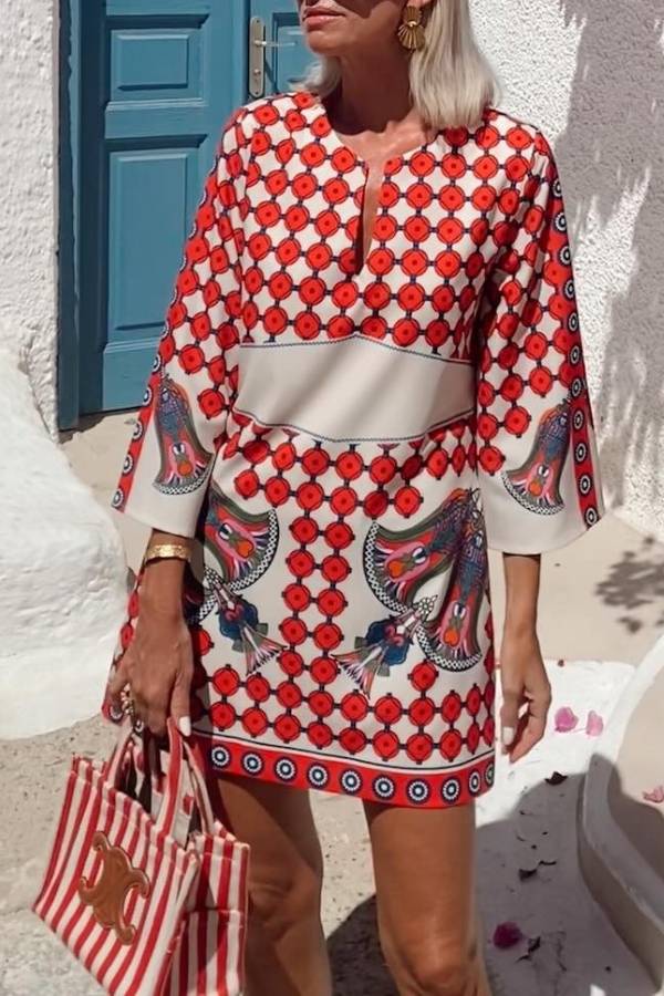 Ethnic style positioning print three-quarter sleeve mini dress
