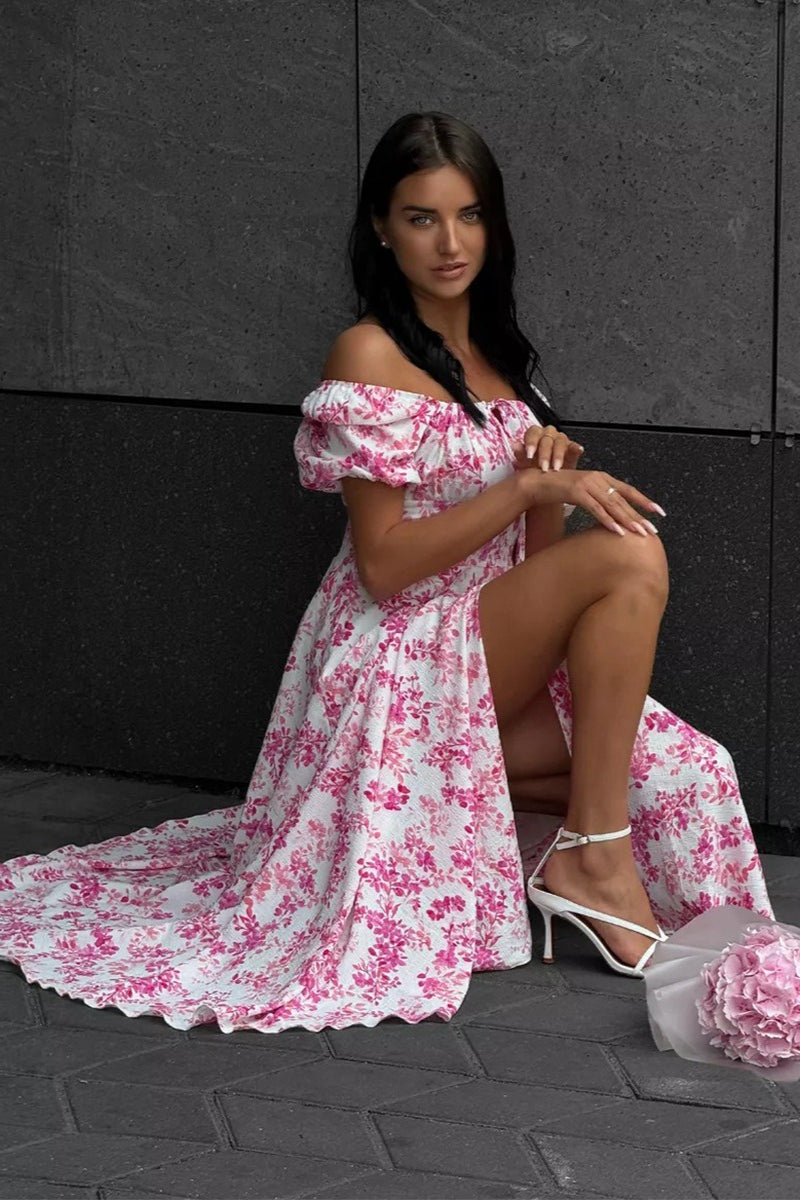 Off Shoulder Tie Waist Slit Floral Dress