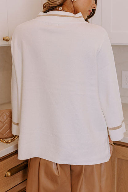 Class Act Knit Contrast Color Trim Mock Neck Pockets Sweater