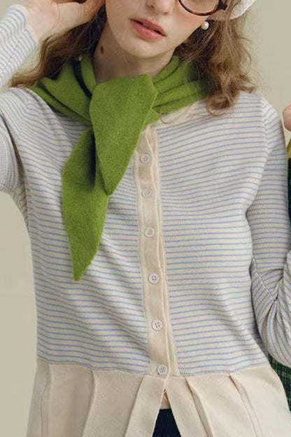 Pleated Hem Stripe Knit Cardigan