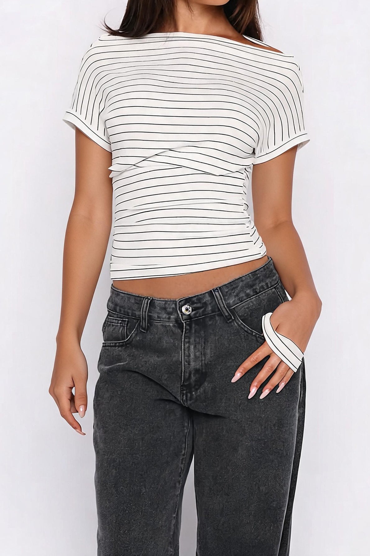 Ruched Cinched Waist Striped Off Shoulder Tee