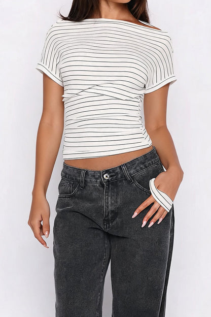 Ruched Cinched Waist Striped Off Shoulder Tee