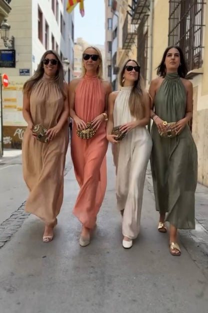 Halter Neck Pleated Loose-fitting Vacation Maxi Dress
