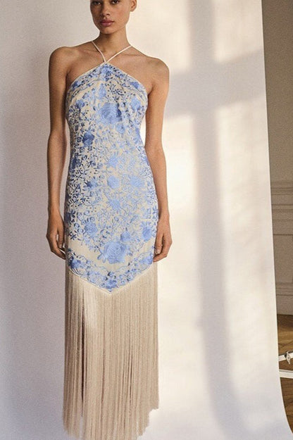 Elegant Fringed Halter Tie Backless Cami Long Formal Dress